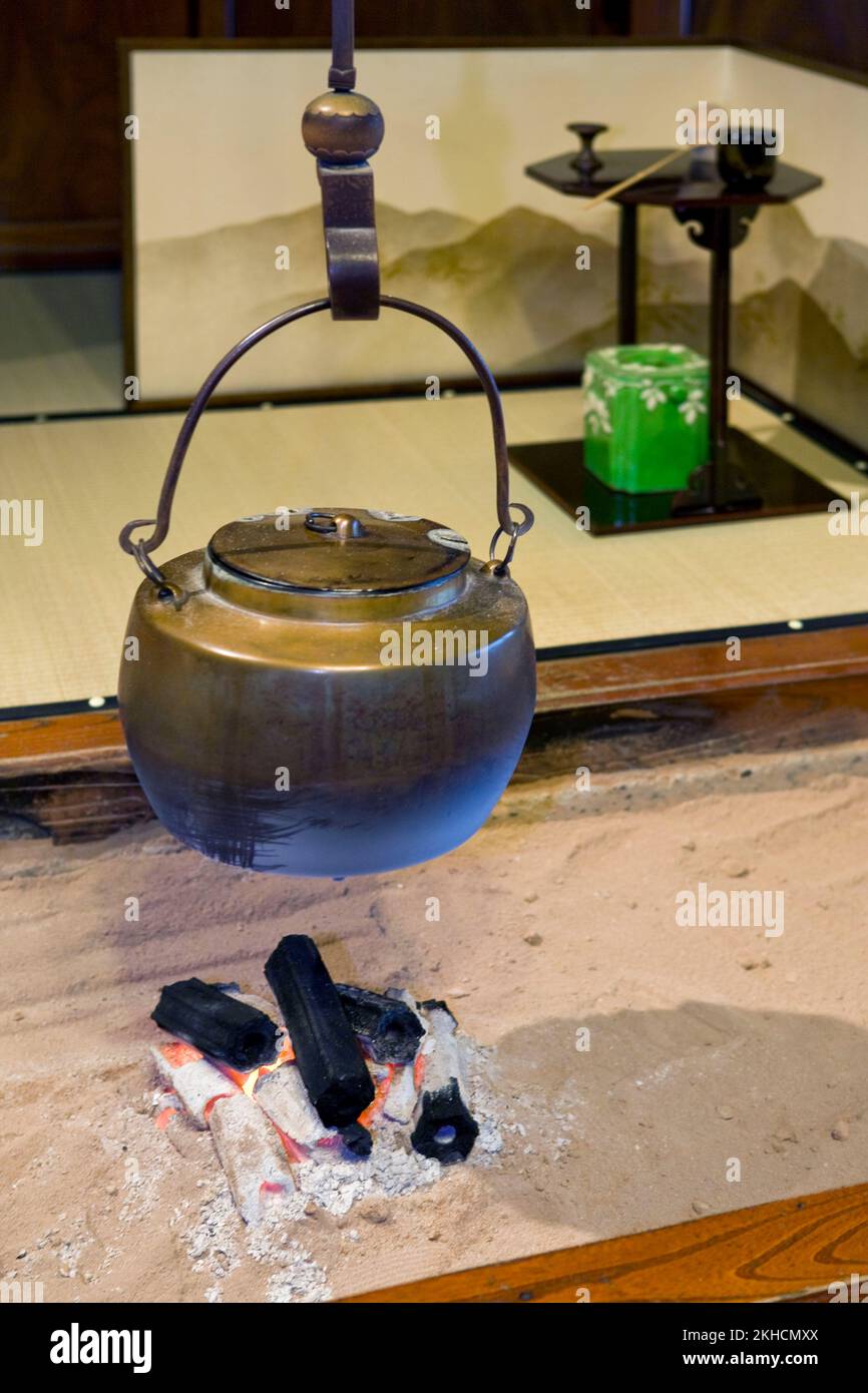 Traditional tea kettle cooking demonstration in Japan Stock Photo Alamy