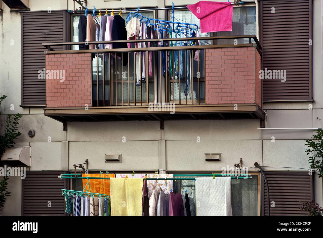 Typical scene of laundry drying on clothes line Nakaikegami Tokyo Japan