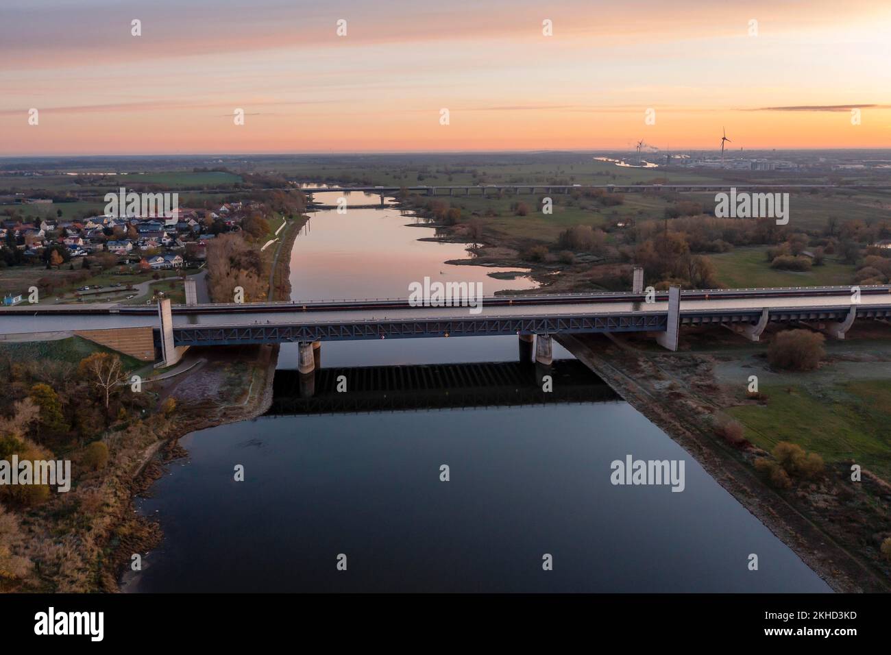 Sunset at the Magdeburg waterway junction, Mittelland Canal leads in