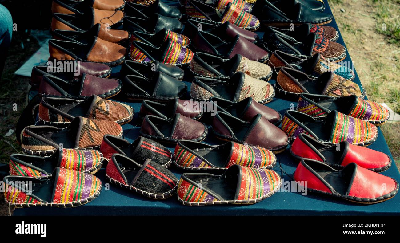 Set of traditional hand made leather shoes in a bazaar Stock Photo Alamy