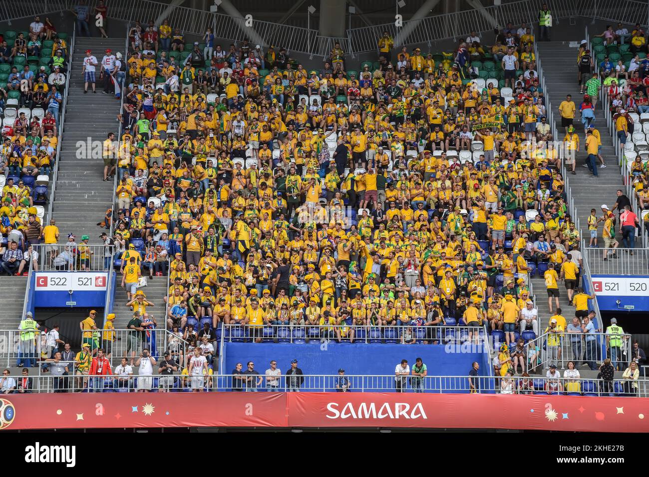 Samara, Russia – June 21, 2018. Stand with Australian fans during FIFA World Cup 2018 Denmark vs Australia (1-1). Stock Photo