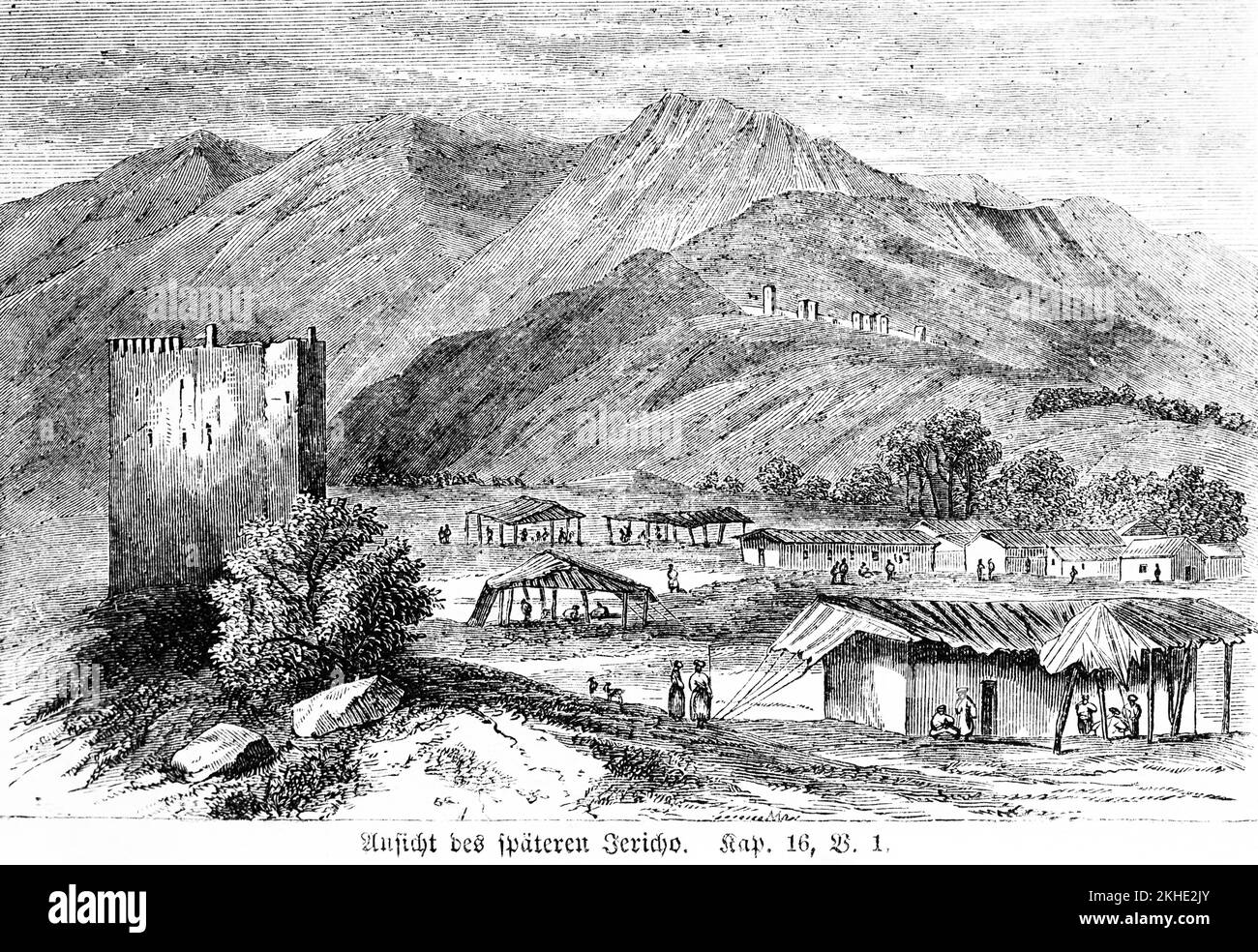 View of late Jericho, tower, stone building, tents, people, mountains Bethel, water, desert, Bible, Old Testament, The Book of Joshua, chapter 16, ver Stock Photo