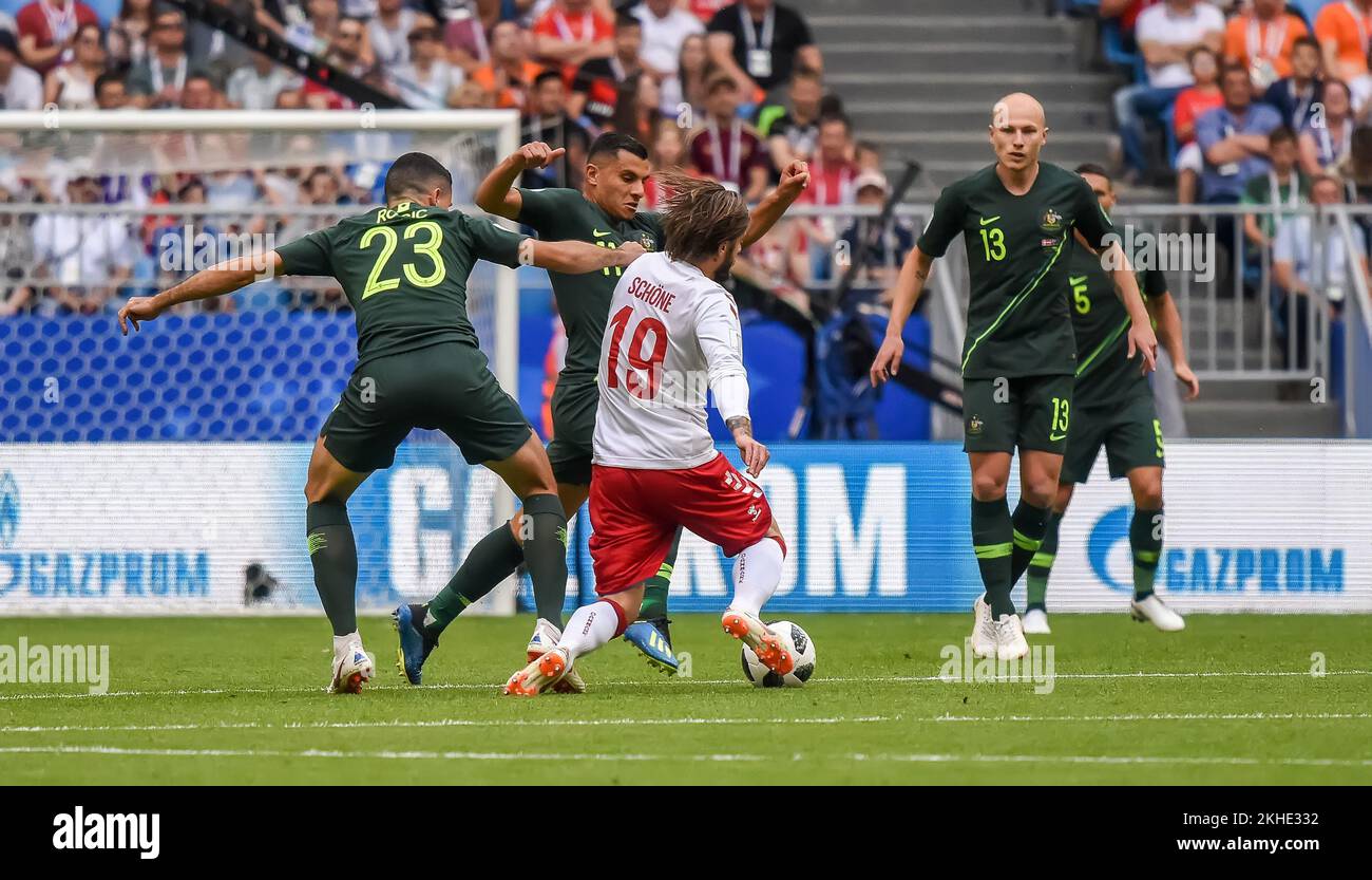 Samara, Russia – June 21, 2018. Denmark national football team winger Lasse Schone against Australia defenders during FIFA World Cup 2018 match Denmar Stock Photo