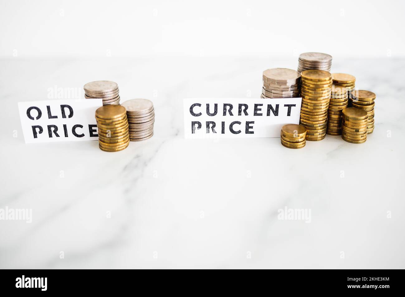 inflation and cost of living going up concept, Old price vs Current Price with small and big stacks of coins side by side for comparison Stock Photo