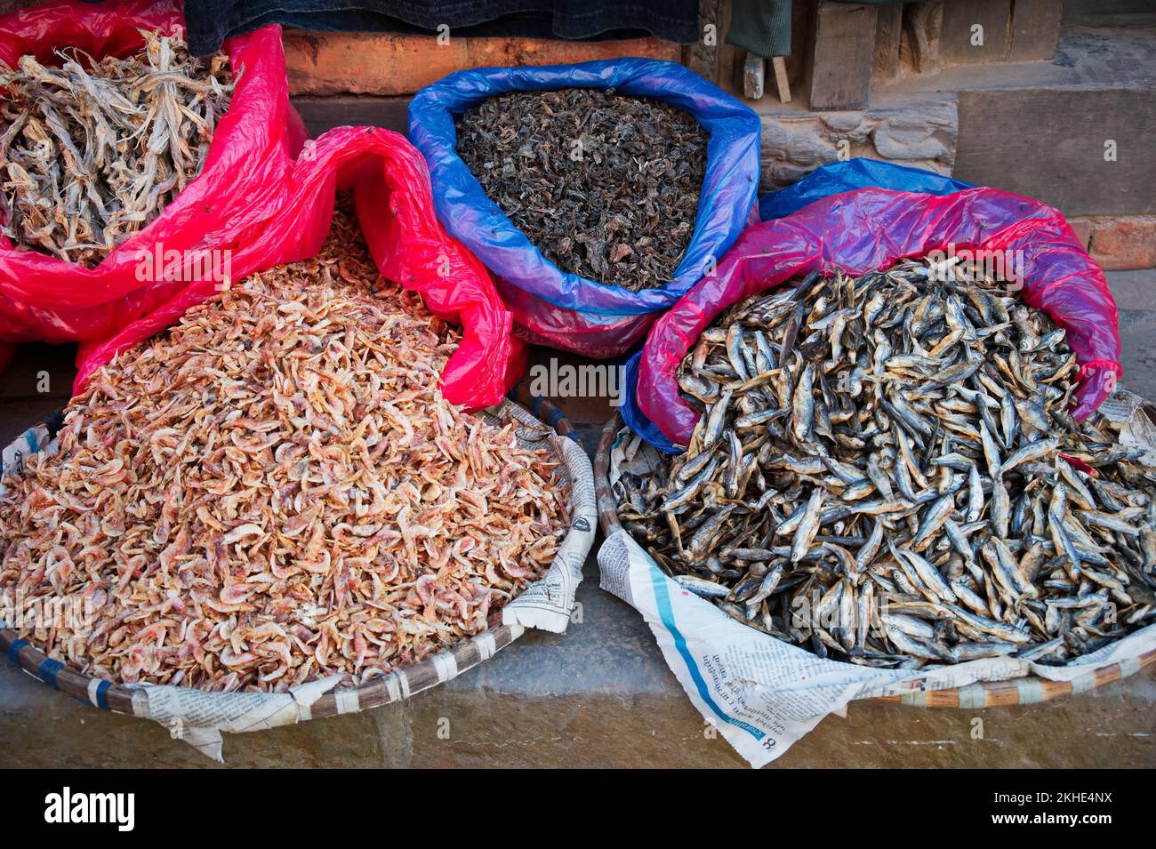Market in Kathmandu, Nepal with various dried fish Stock Photo Alamy