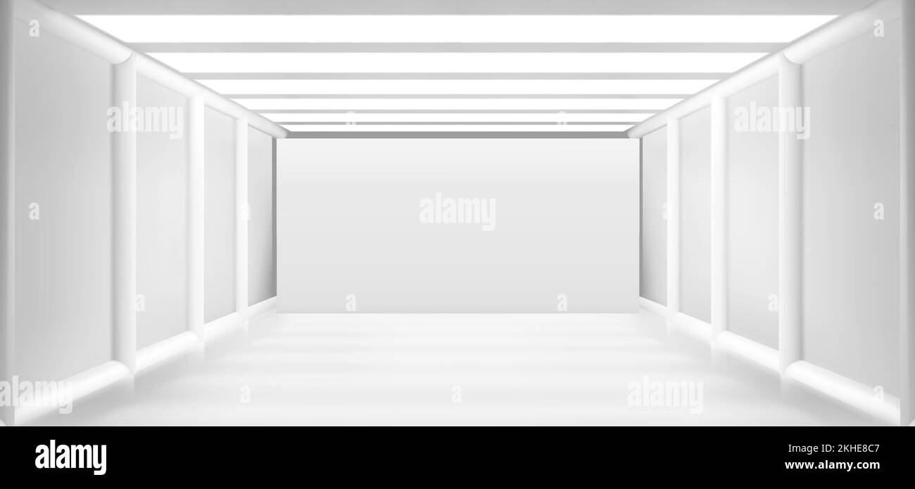 White room, abstract corridor interior, art gallery exhibition hall background. Museum or apartment empty space. 3d render with blank white walls, illumination on ceiling Realistic vector illustration Stock Vector