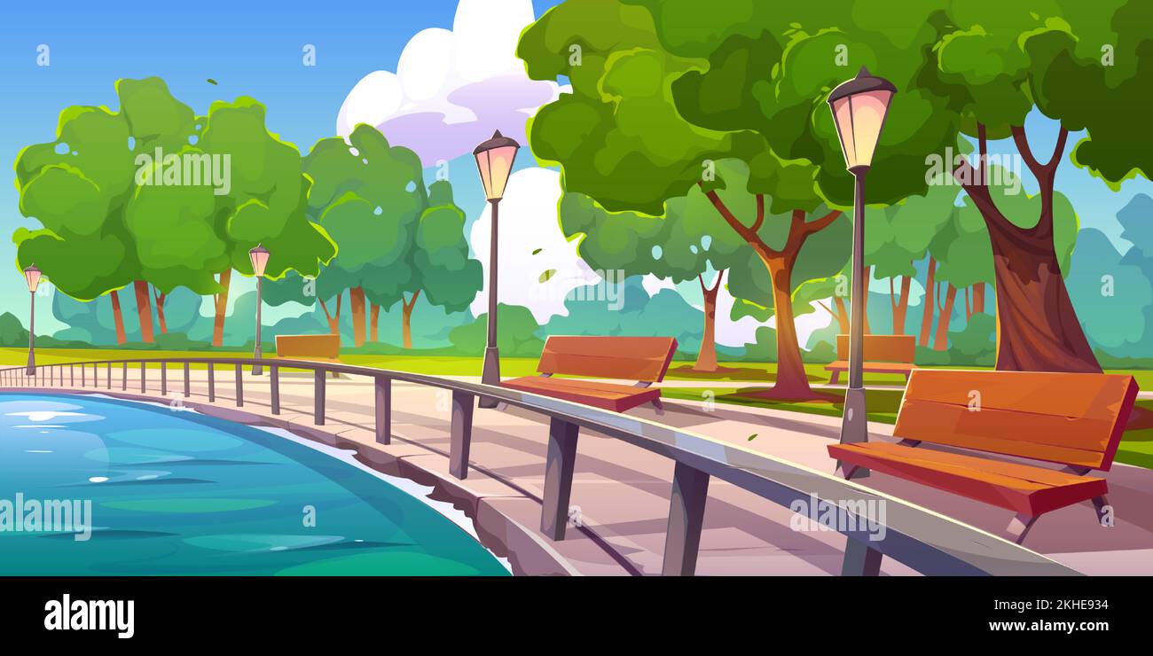 Summer park landscape with lake or river embankment, green trees and wooden benches. Empty promenade, quay with path and lanterns, vector cartoon illustration Stock Vector