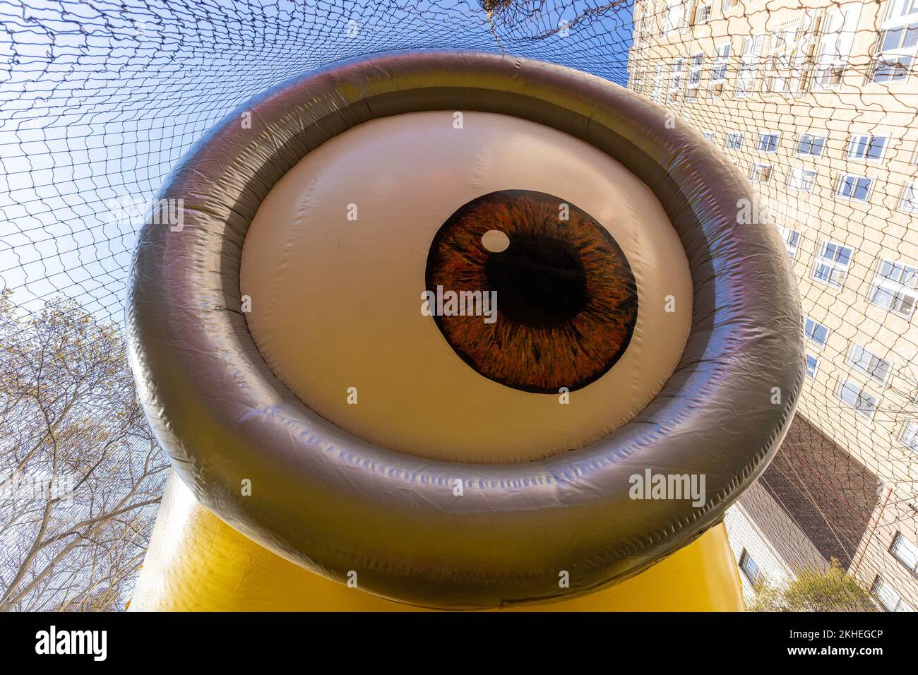 New York, USA. 23rd Nov, 2022. The Kevin the Minion balloon inflated for 96th Macy's Thanksgiving Day Parade on 77th street in New York on November 23, 2022. (Photo by Lev Radin/Sipa USA) Credit: Sipa USA/Alamy Live News Stock Photo