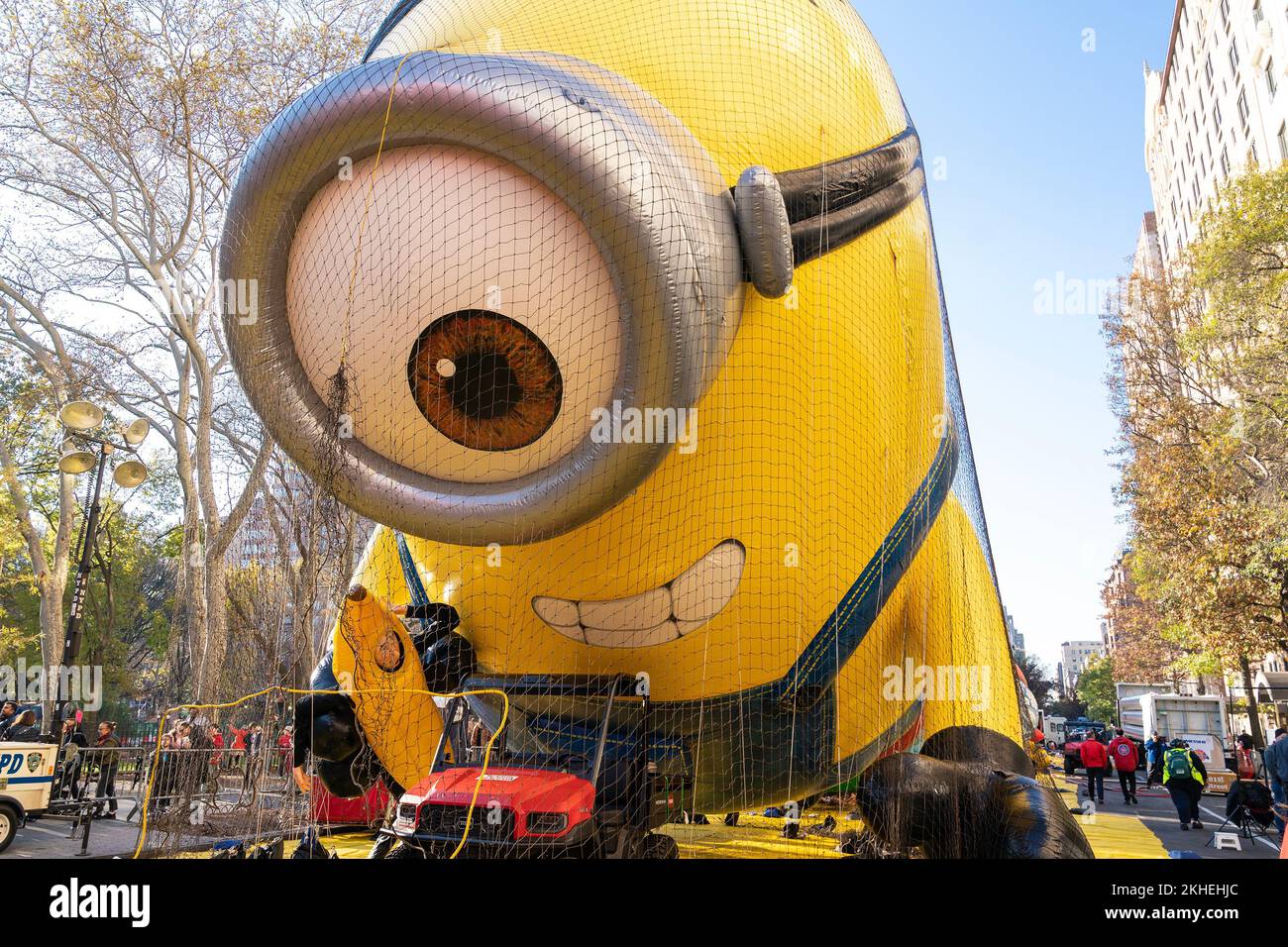 New York, USA. 23rd Nov, 2022. The Kevin the Minion balloon inflated for 96th Macy's Thanksgiving Day Parade on 77th street in New York on November 23, 2022. (Photo by Lev Radin/Sipa USA) Credit: Sipa USA/Alamy Live News Stock Photo