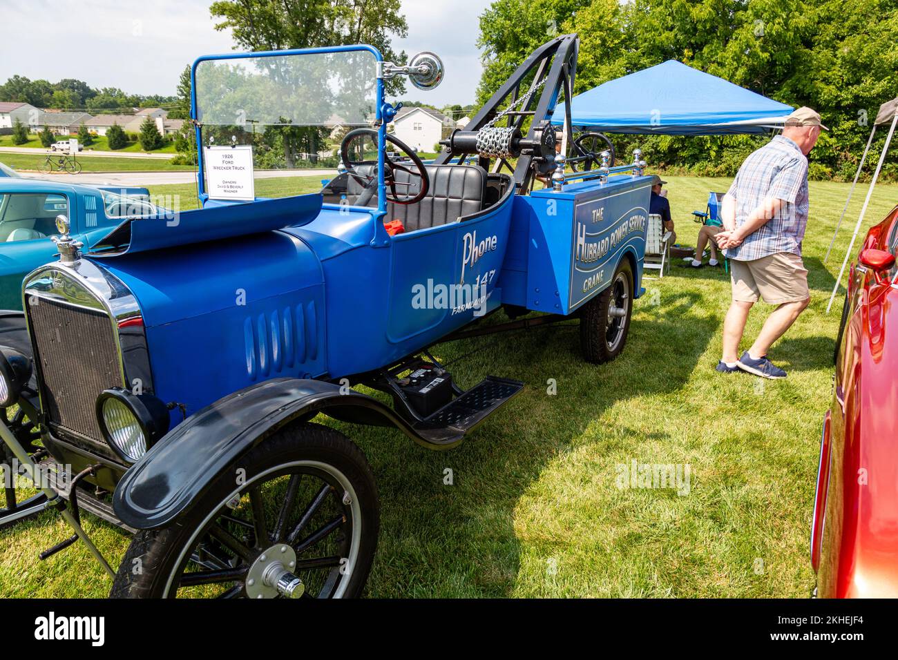 A blue Ford Model T tow truck on display at a car show in Fort Wayne, Indiana, USA. Stock Photo