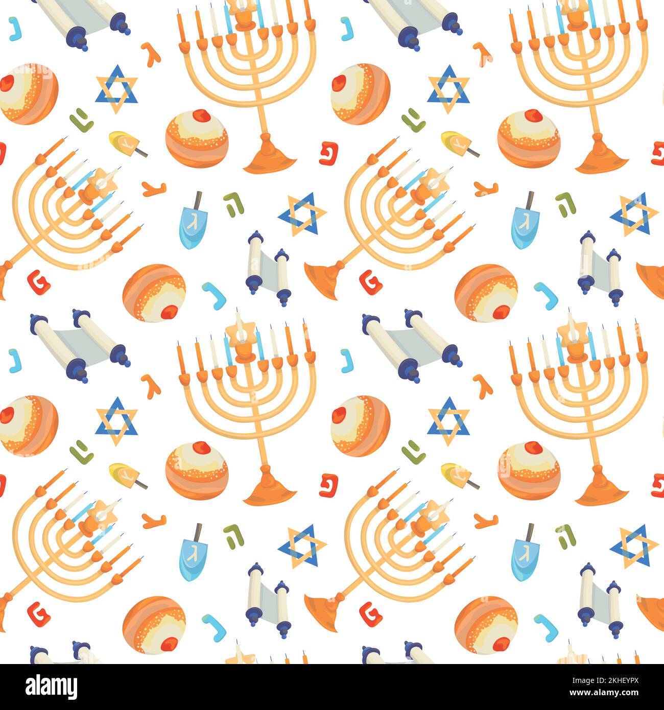 Colorful repetitive pattern background for the Jewish festival of Hanukkah, made of simple vector illustrations. Stock Vector