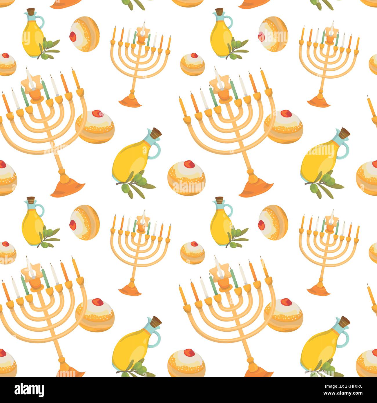 Colorful repetitive pattern background for the Jewish festival of Hanukkah, made of simple vector illustrations. Stock Vector