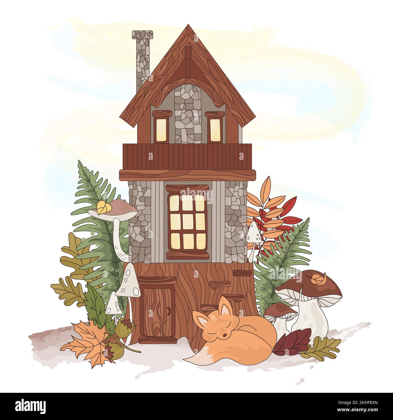 FAIRY HOUSE Autumn Fall Forest Season Nature Animal Vector Illustration Set For Print Stock Vector