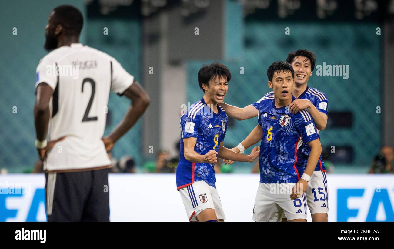 Doha, Qatar. 23rd Nov, 2022.  Jubel: Kaoru Mitoma (Japan), Wataru Endo (Japan), Daichi Kamada (Japan) Germany - Japan World Cup 2022 in Qatar 23.11.20 Stock Photo