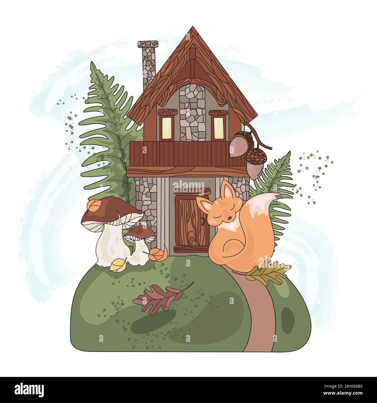 FOREST HOUSE Autumn Fall Fairy Season Nature Animal Cartoon Vector Illustration Set For Print Stock Vector