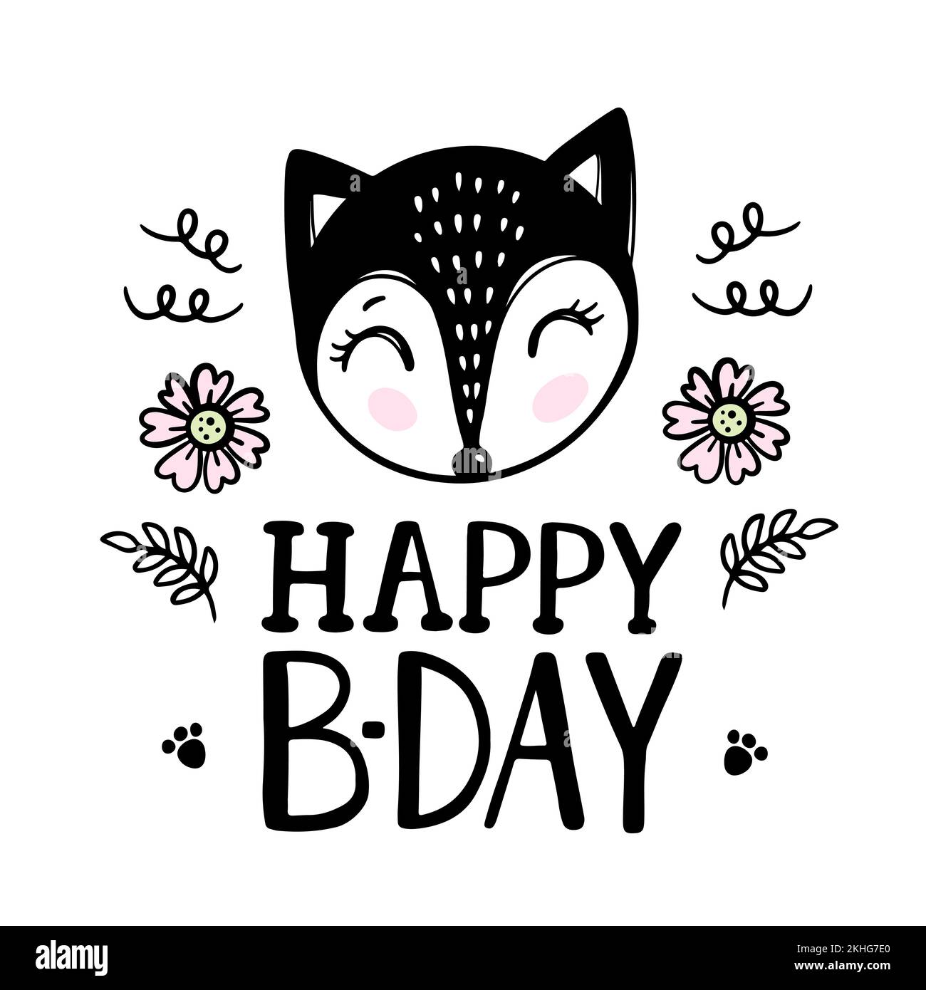 FOX Baby Birthday Cute Child Festive Greeting Card With Flowers Cartoon