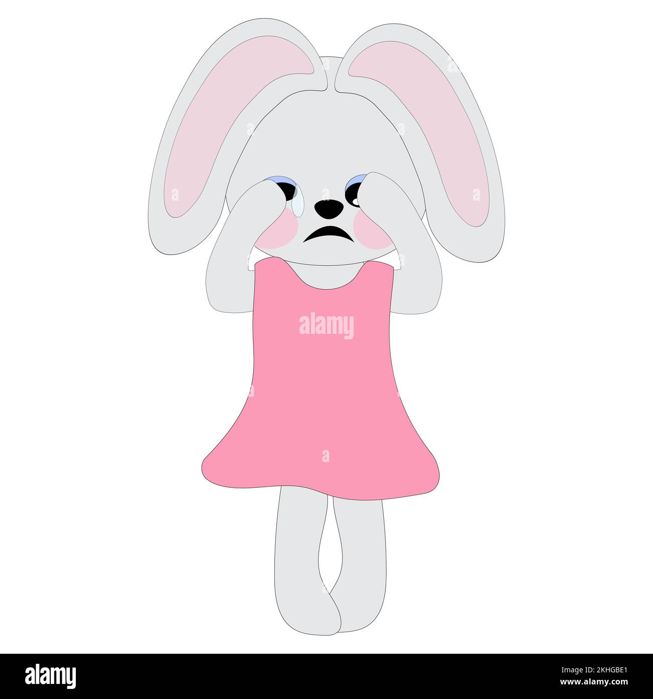 A bunny girl in a pink dress cries, covering her muzzle with her paws. Symbol of 2023. Coloring book for children. Vector image. Stock Vector