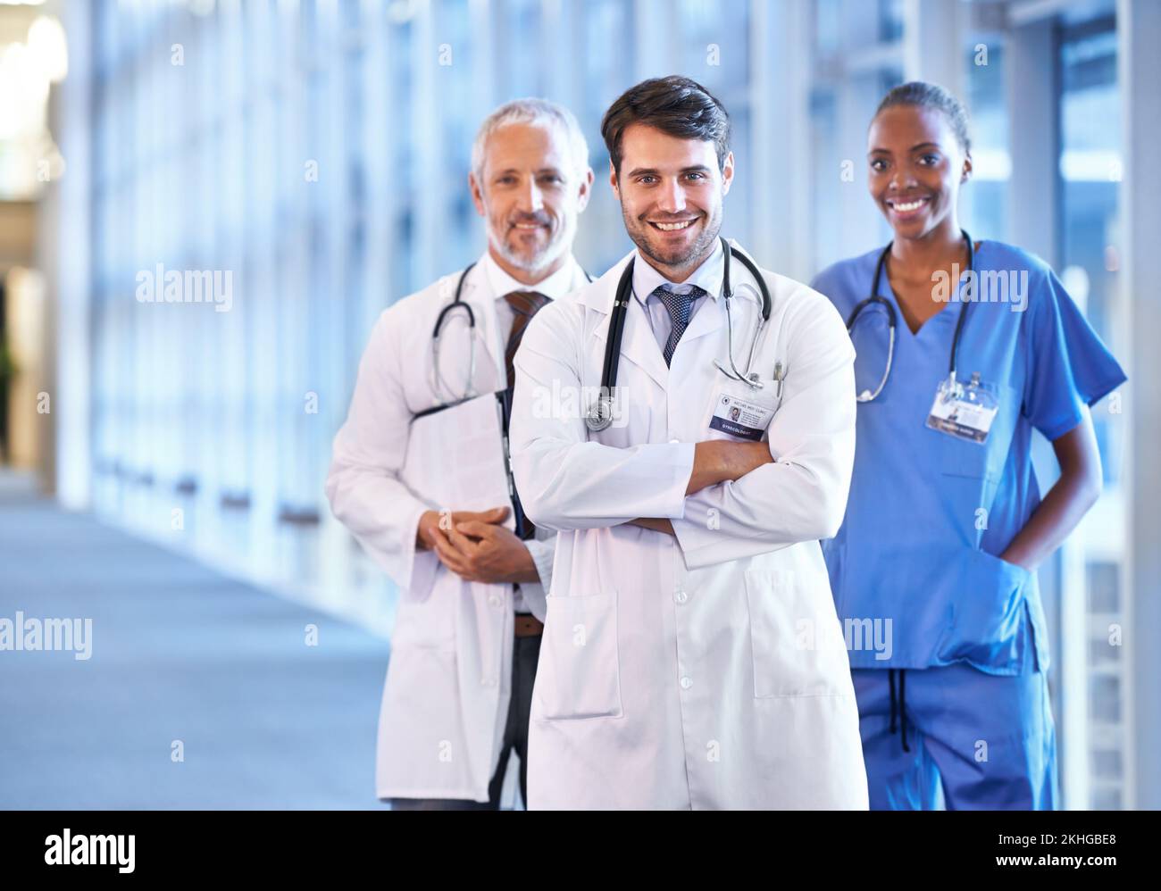 The team to get you back on track. A medical team standing in the hospital corridor. Stock Photo