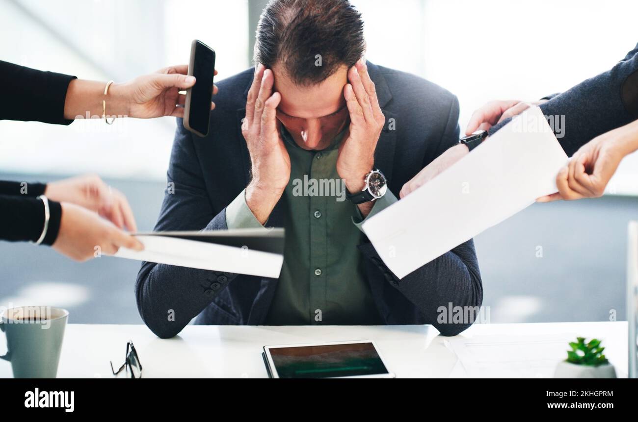 Anxiety, stress or burnout of management in office at bank with schedule conflict, fail or mistake. Tired, challenge or exhausted bank manager at Stock Photo