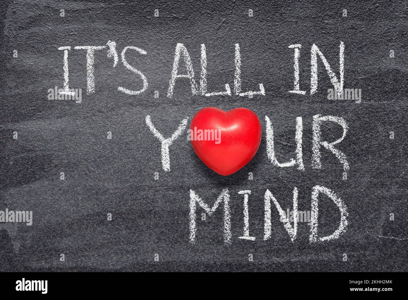 it is all in your mind phrase written on chalkboard with red heart symbol instead of O Stock Photo