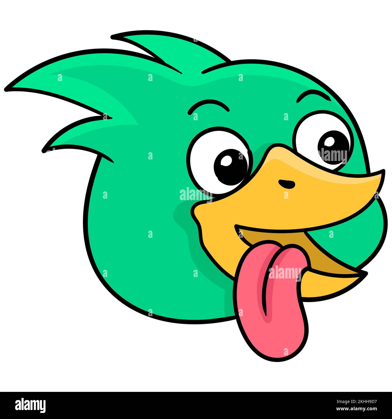 A doodle icon drawing of a bird head with a silly face sticking out its tongue Stock Vector