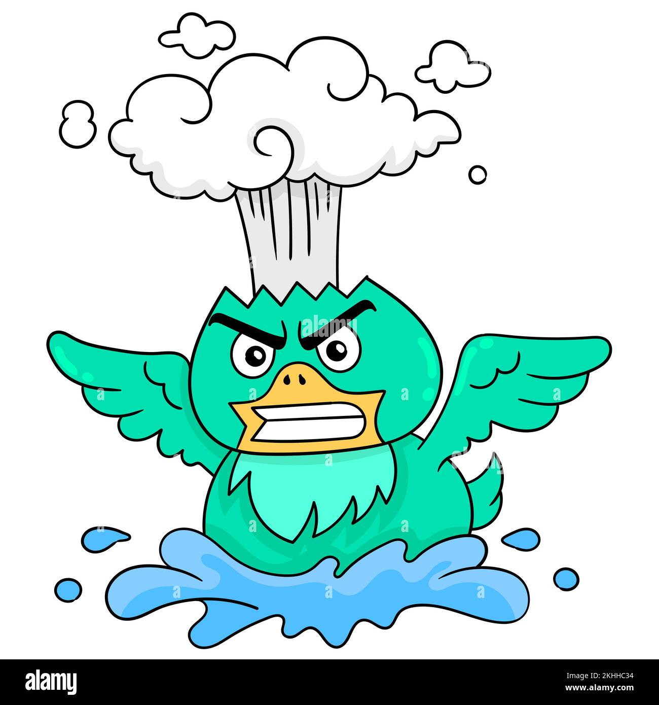 A doodle drawing of the green bird having an angry face and hot head