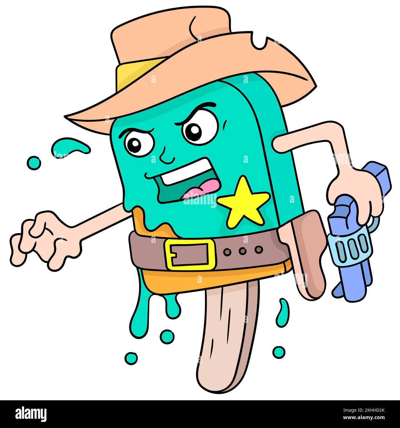 A doodle drawing of the Cowboy style ice cream sheriff carrying gun and guarding the area Stock Vector