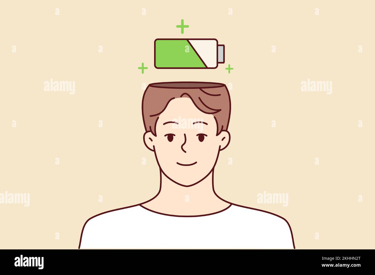 Smiling man with battery above head charging to full capacity. Happy male charge health or life accumulator. Vector illustration.  Stock Vector