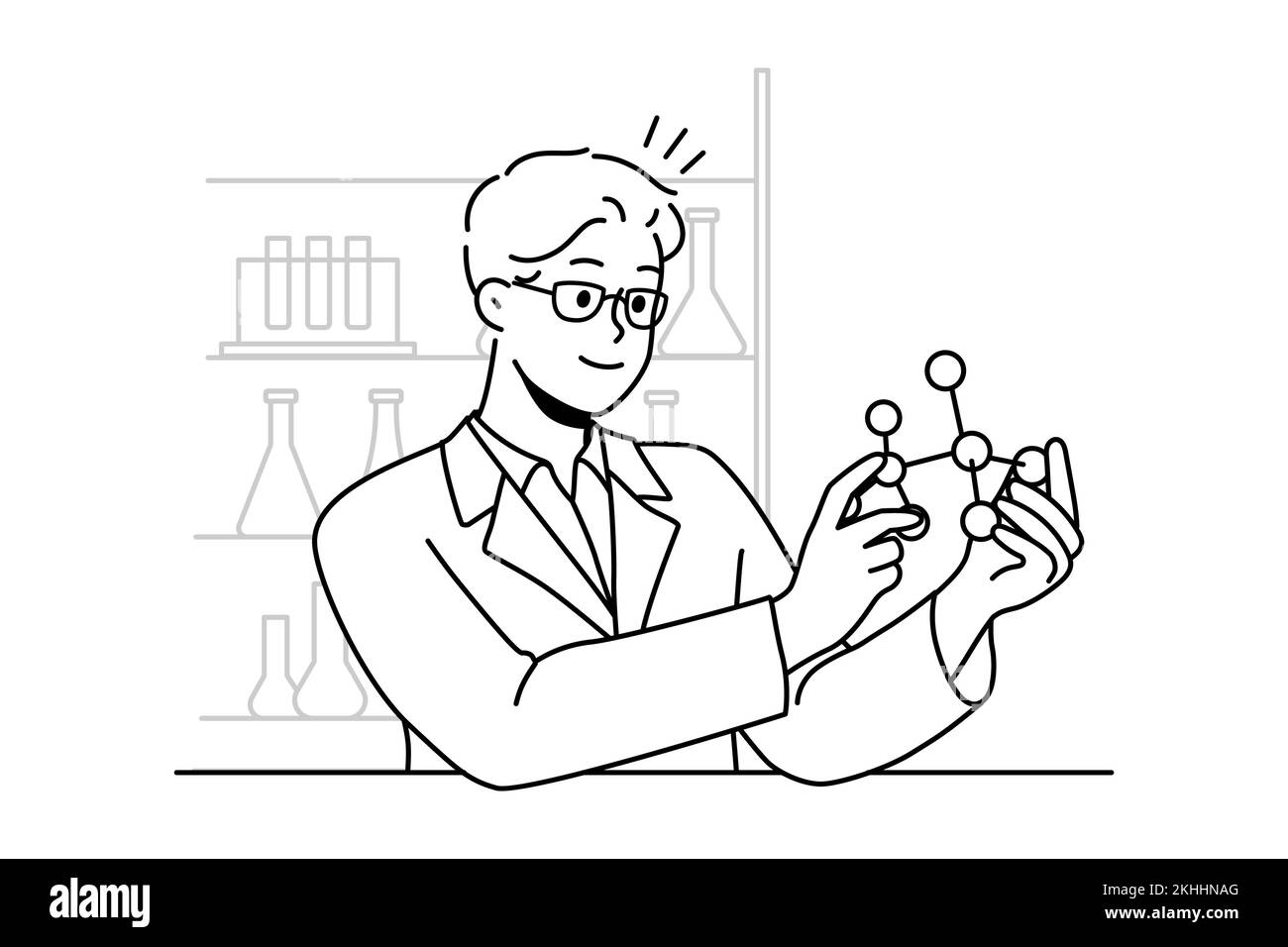 Smiling male scientist working with atom model in laboratory. Happy man researcher in uniform busy in lab. Science and biotechnology. Vector illustration.  Stock Vector