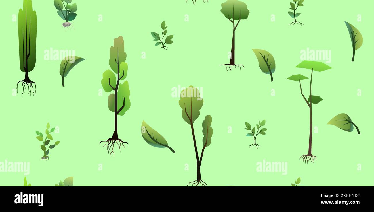 Seedlings of young trees with roots. Garden plants. Fruit plantings. Seamless pattern. Vector. Stock Vector