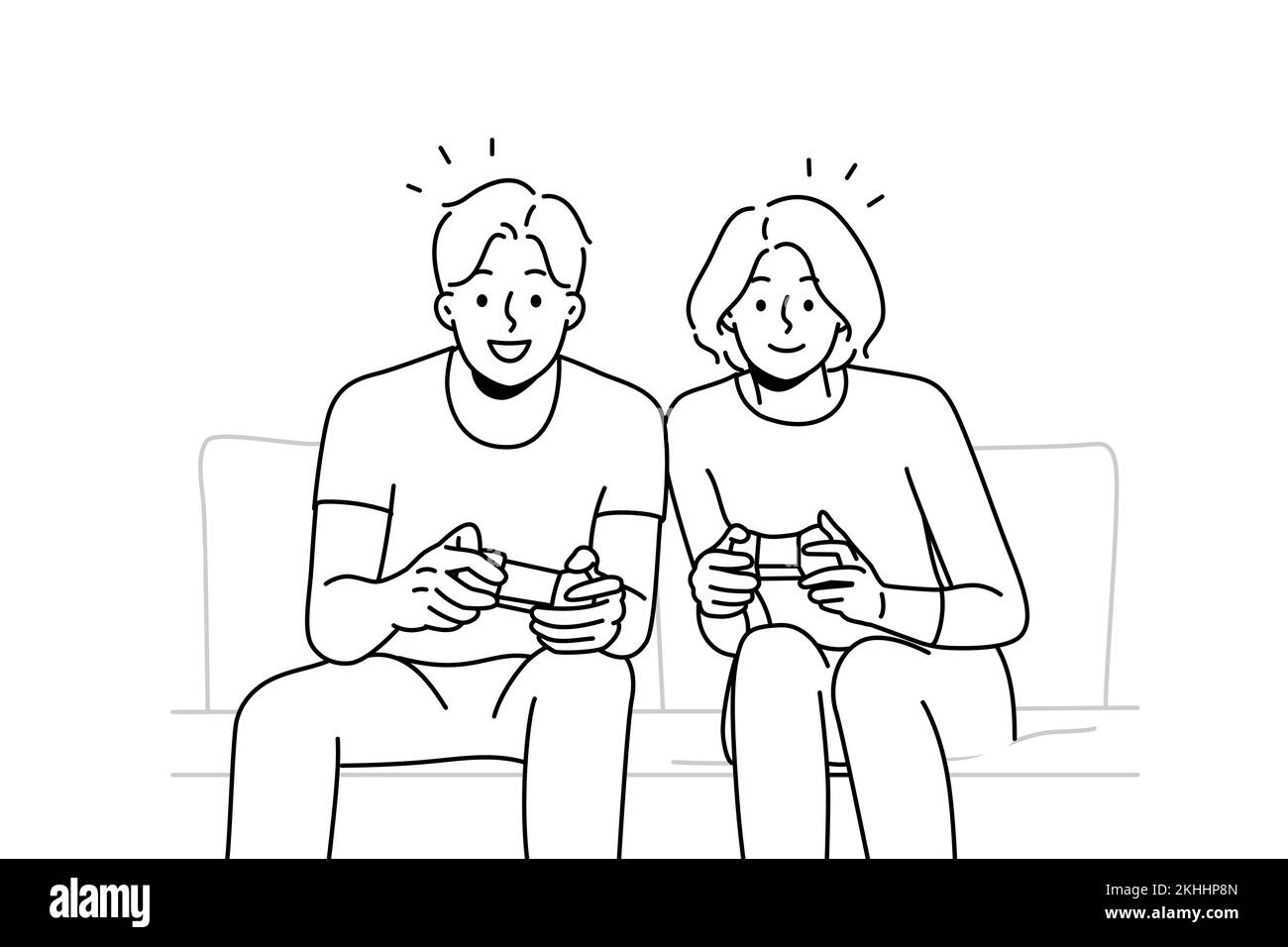 Smiling couple sit on sofa at home playing video game together. Happy man and woman have fun enjoy videogame with controllers. Vector illustration.  Stock Vector