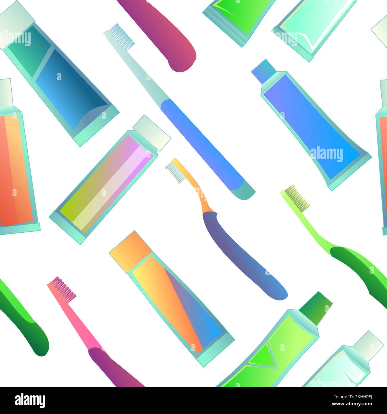 Tubes of toothpaste and toothbrushes items seamless pattern. Cartoon