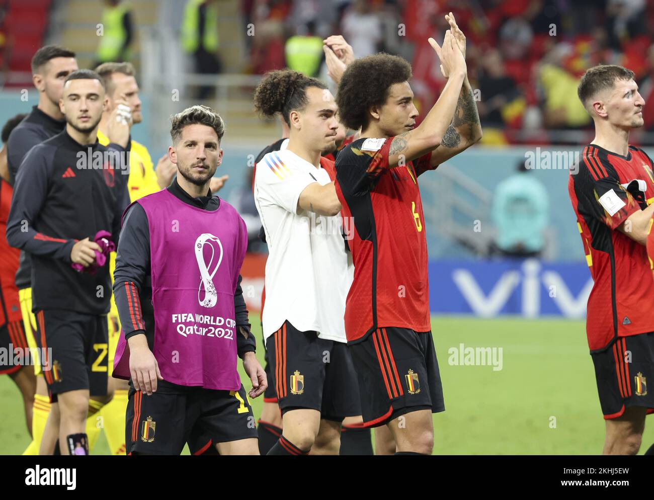 Dries Mertens, Arthur Theate, Axel Witsel of Belgium and teammates celebrate the victory following the FIFA World Cup 2022, Group F football match between Belgium and Canada on November 23, 2022 at Ahmad Bin Ali Stadium in Ar-Rayyan, Qatar - Photo: Jean Catuffe/DPPI/LiveMedia Stock Photo