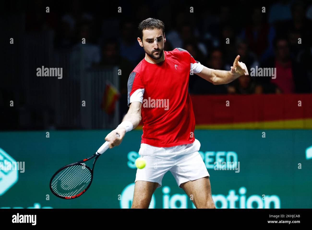 November 23, 2022, Rome, Spain: Marin Cilic of Croatia in action against  Pablo Carreno of Spain during the second tennis match from Davis Cup Finals  2022, Quarter-Finals round, played between Croatia and