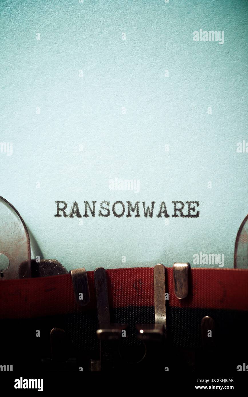 Ransomware text written with a typewriter. Stock Photo