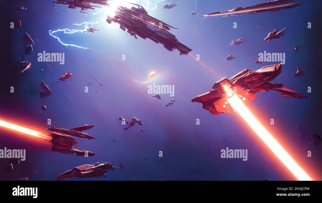 Space battle, spaceships are fighting, shooting from laser guns, explosions  and sparks. Destroyed the spaceship. 3d illustration Stock Photo - Alamy
