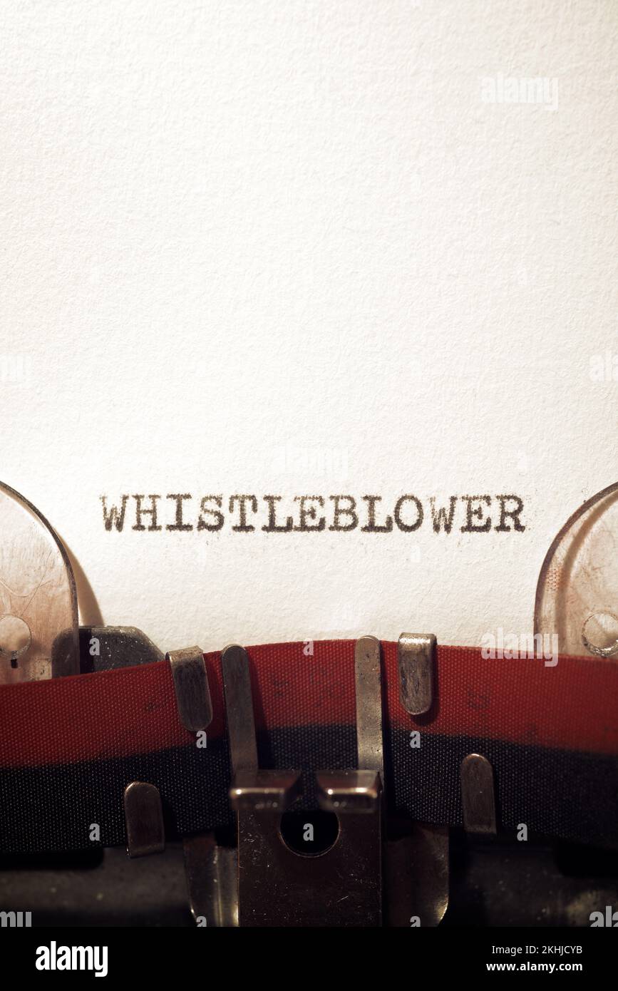 Whistleblower text written with a typewriter. Stock Photo