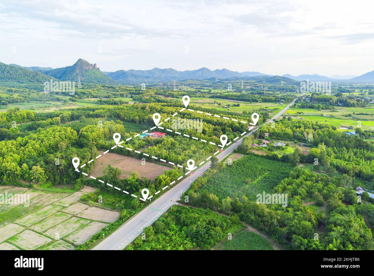 Land plot for building house aerial view, land field with pins, pin