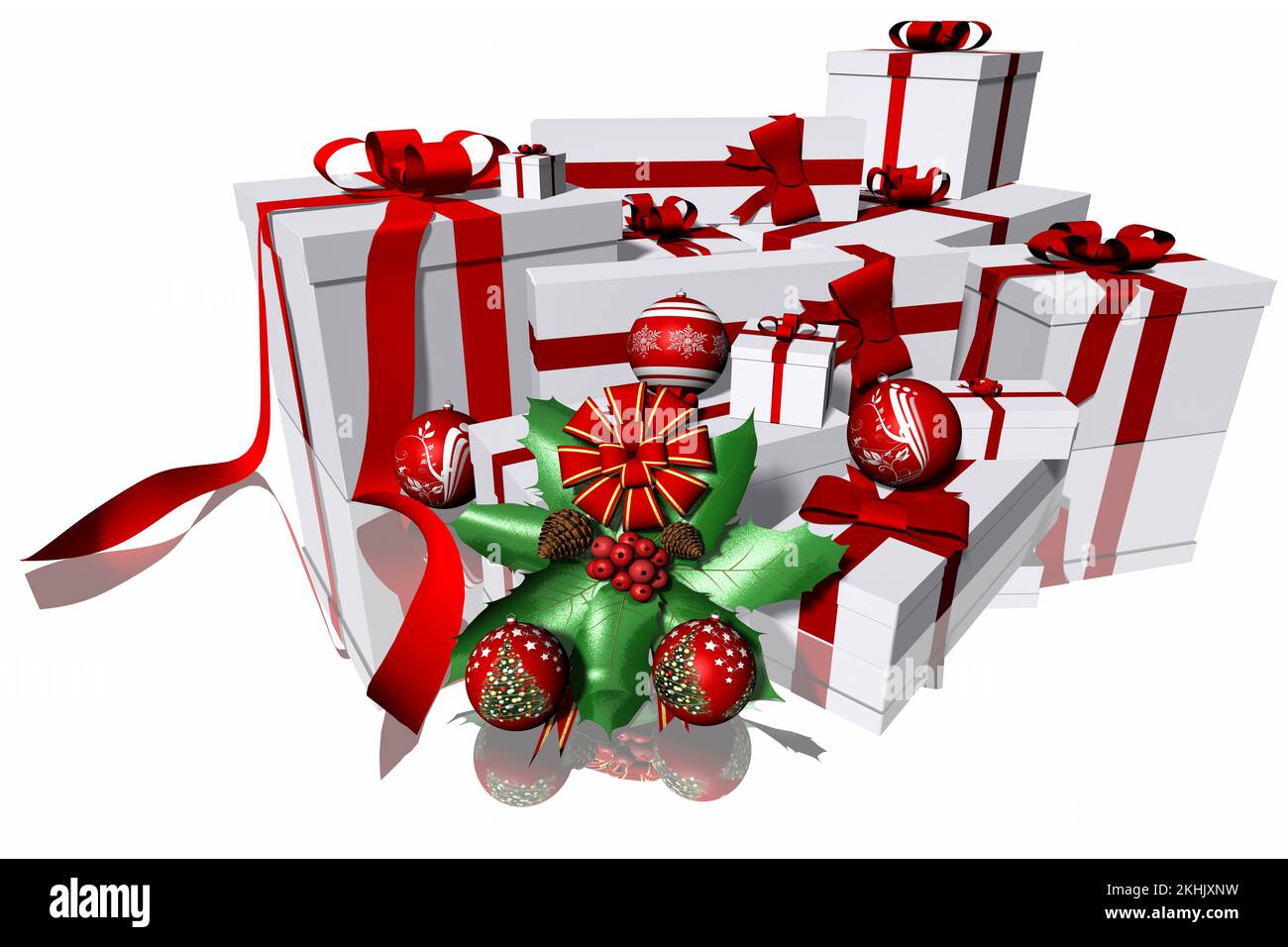 3D illustration. Gift Packages with Christmas decoration. white background. Stock Photo