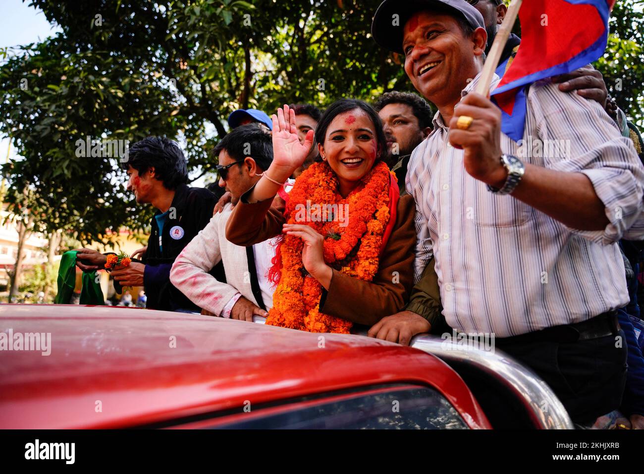 Lalitpur, Nepal. 24th Nov, 2022. Dr. Toshima Karki of the Rastriya Swatantra Party gestures during a victory rally after securing a win over her closest rival from CPN-UML by a margin of 18,173 votes for a seat in the House of Representatives from Lalitpur-3 after the general elections in Kathmandu, Nepal on Thursday, November 24, 2022. (Credit Image: © Skanda Gautam/ZUMA Press Wire) Stock Photo
