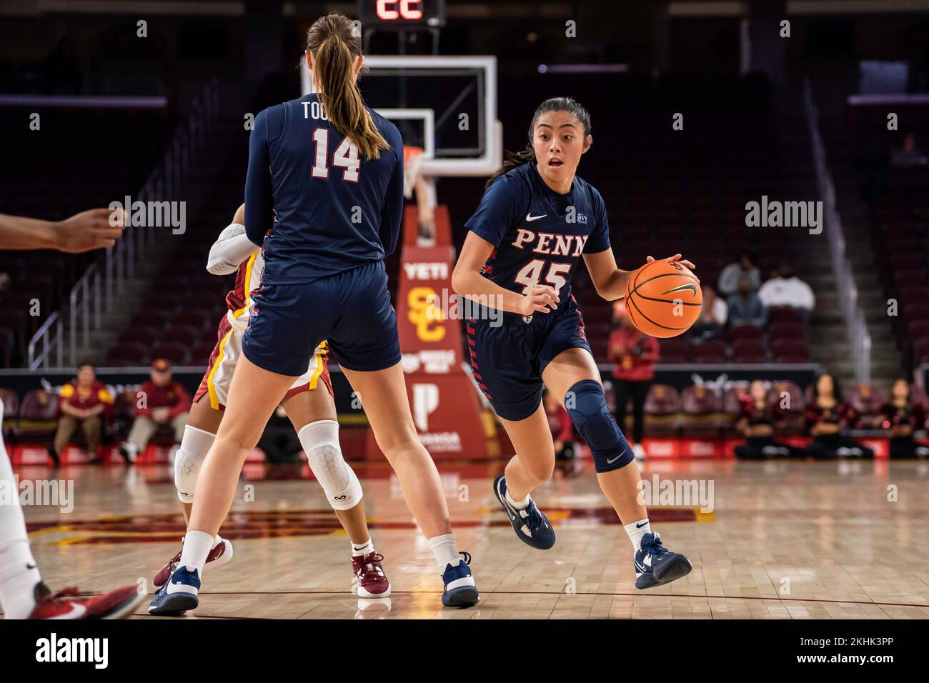 Pennsylvania Quakers guard Kayla Padilla (45) drives during a NCAA women’s basketball game against the USC Trojans, Wednesday, November 23, 2022, at t Stock Photo