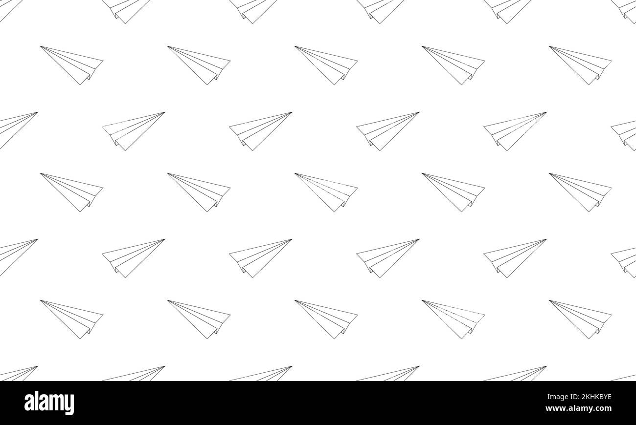 Origami paper planes seamless pattern. SRepeating symbols of success, communication, travel, imagination, desire, creativity, dreaming on white background. Vector outline illustration Stock Vector