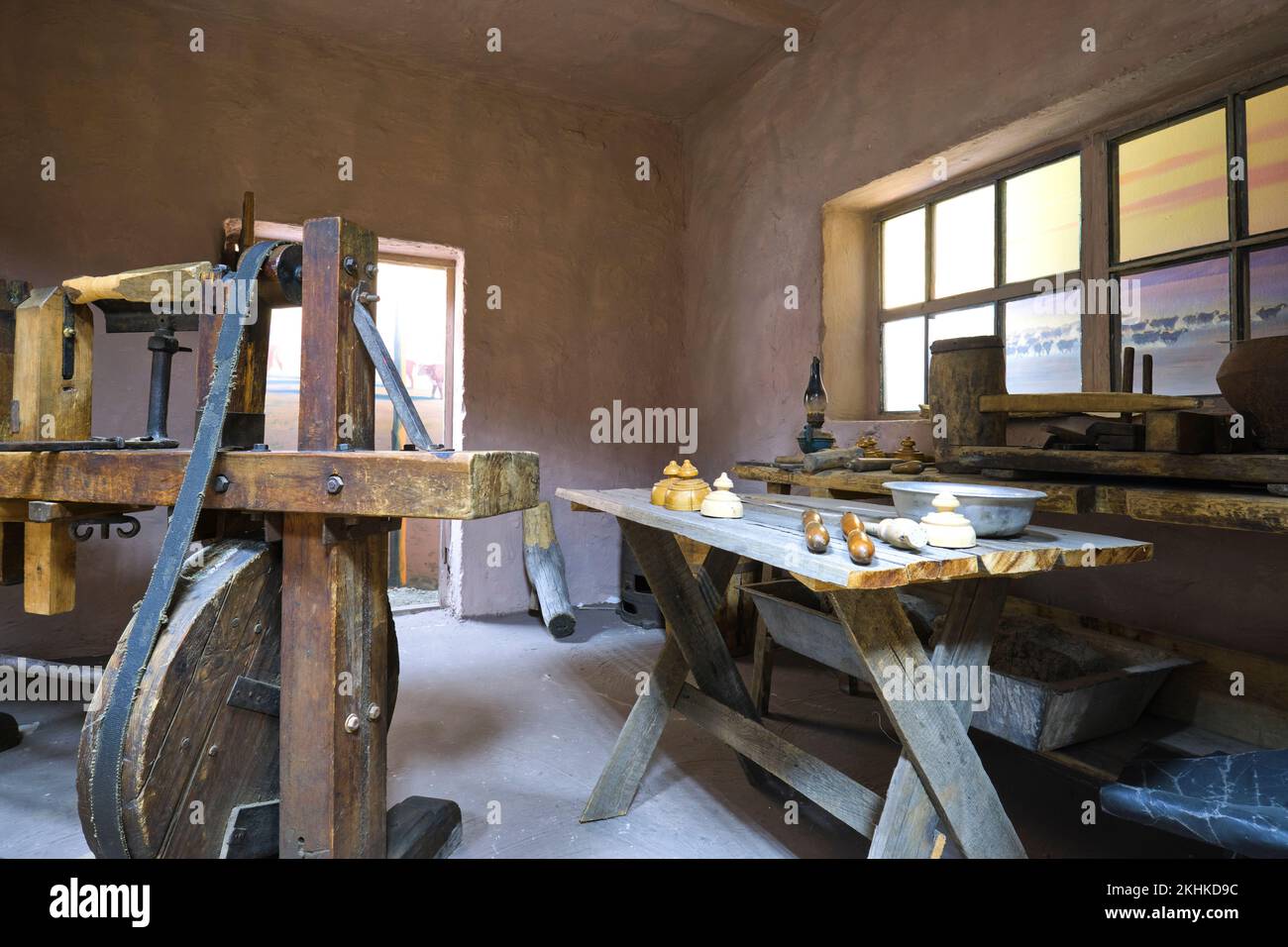 Diorama of rural woodworking shop for furniture. At the Museum For The Victims Of Political Repression in Karlag, Kazakhstan. Stock Photo