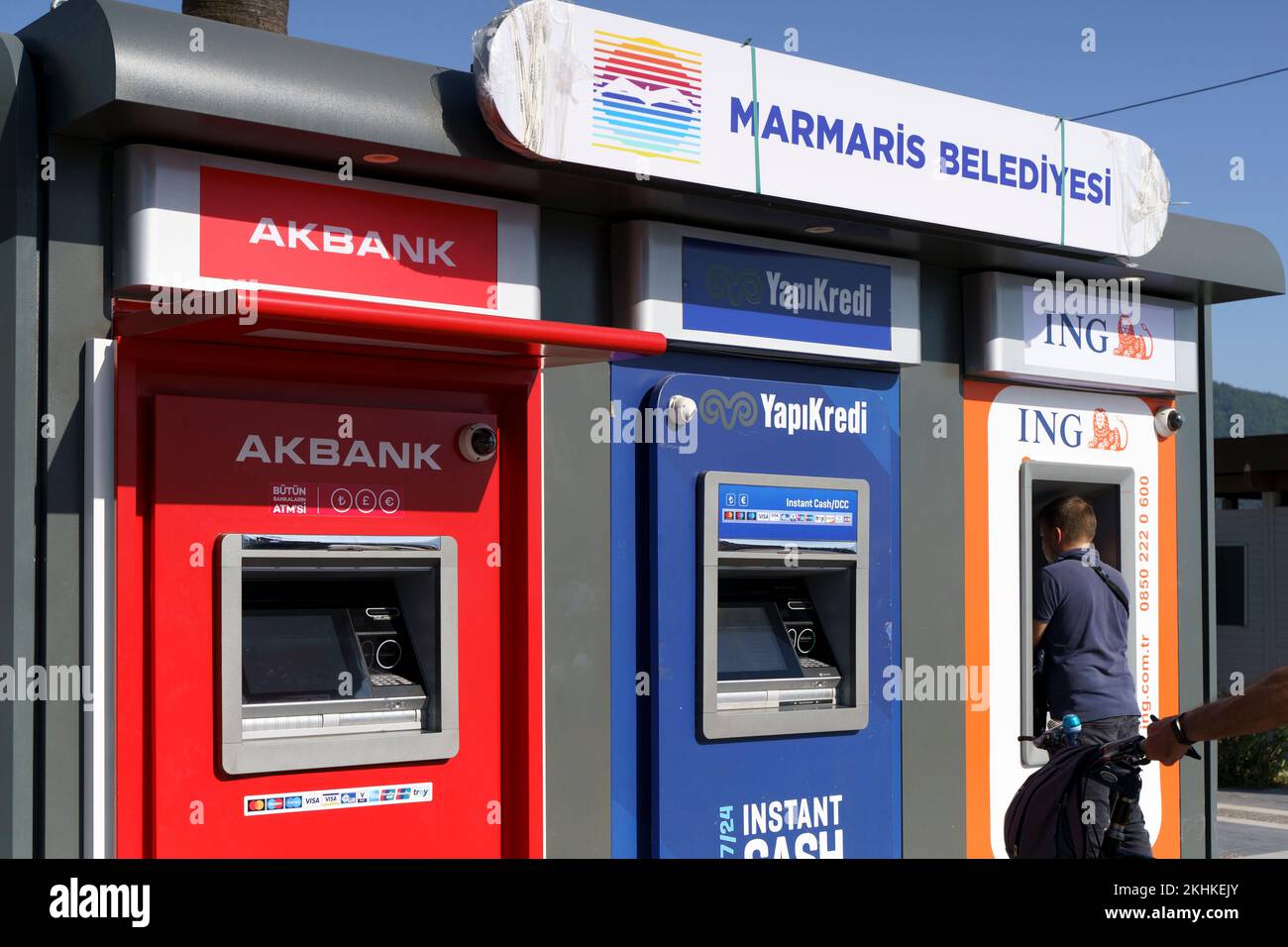 Istanbul, Turkey - November 17, 2022: ATMs of Turkish banks on the street of Istanbul. Currency exchange, turkish lira exchange rate, economy and inflation concept. High quality photo Stock Photo