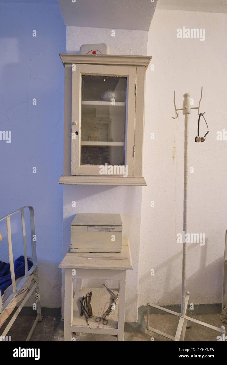 A medicine and other supplies in the recreation of a hospital