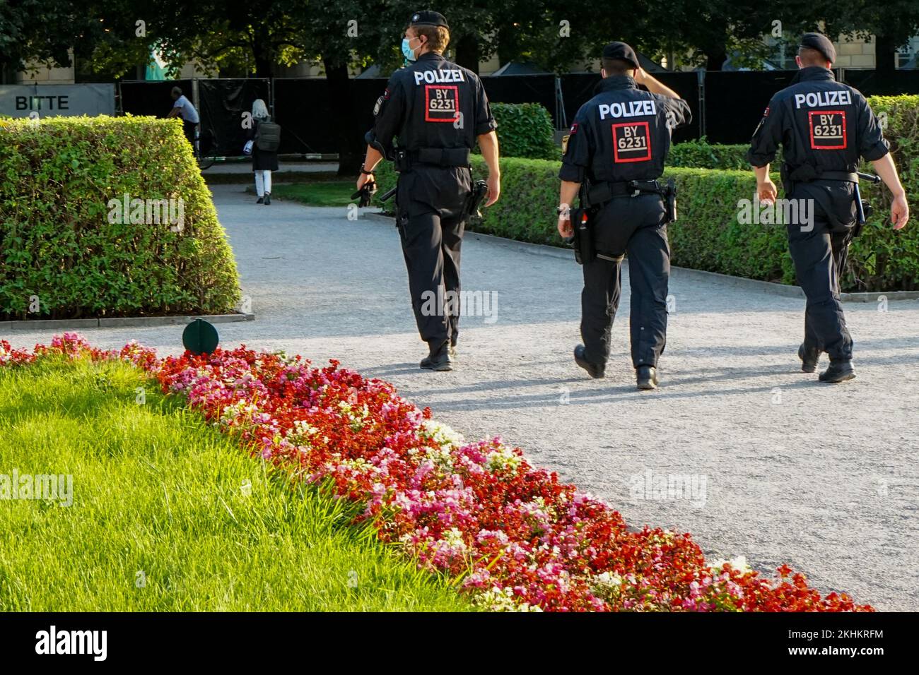 Three Police Officers patrolling in a Park, Hofgarten Munich. Stock Photo