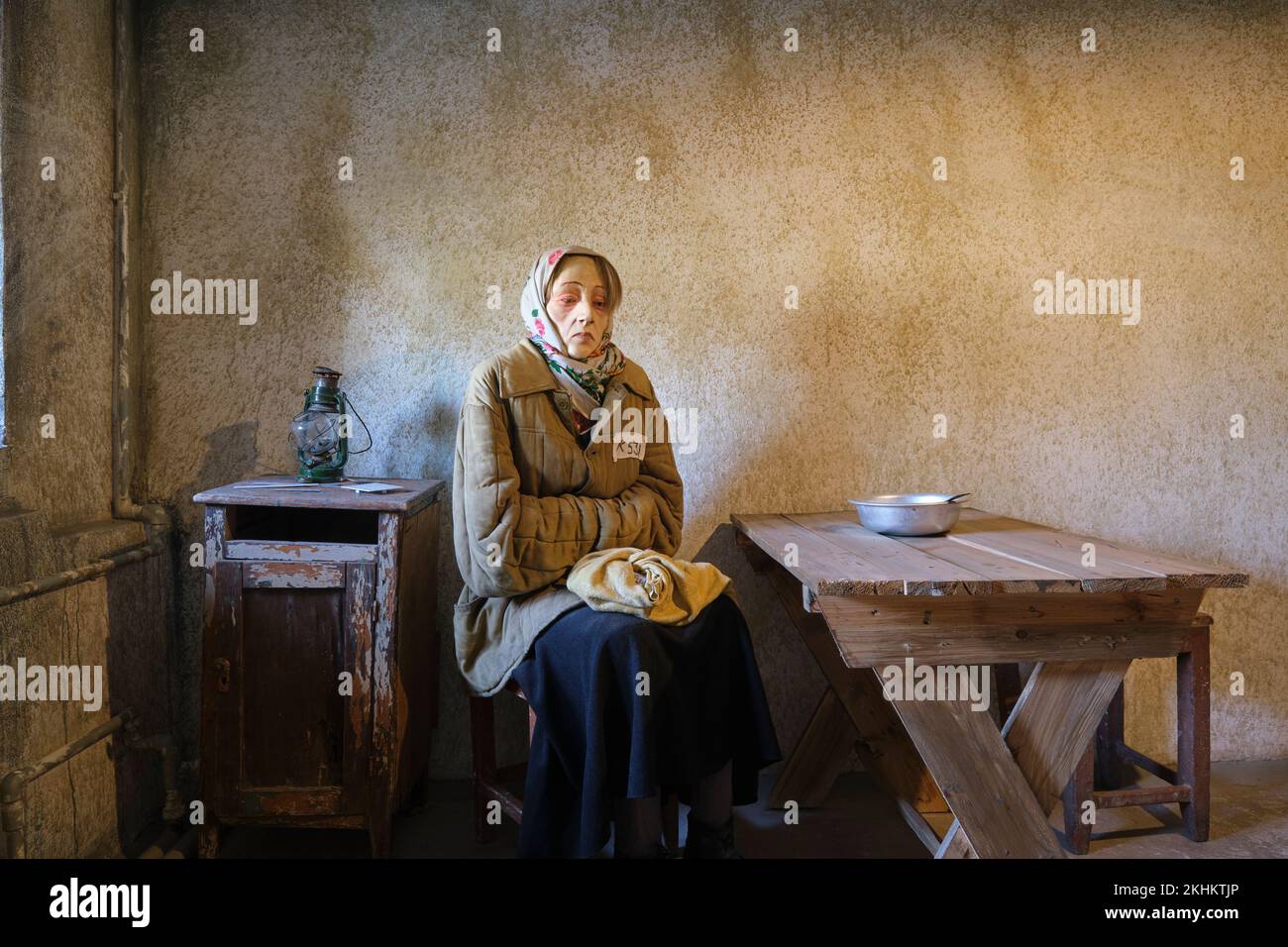 Recreation of the women, female prisoner cell, dormitory, barrack, sleeping quarters at the work, labor camp, gulag. At the Museum For The Victims Of Stock Photo