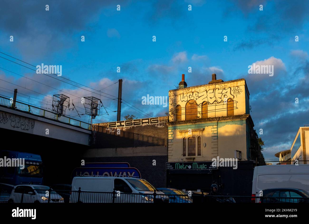 Buildings and railway line opposite Holloway Road tube station , Islington London England UK  Photograph taken by Simon Dack Stock Photo
