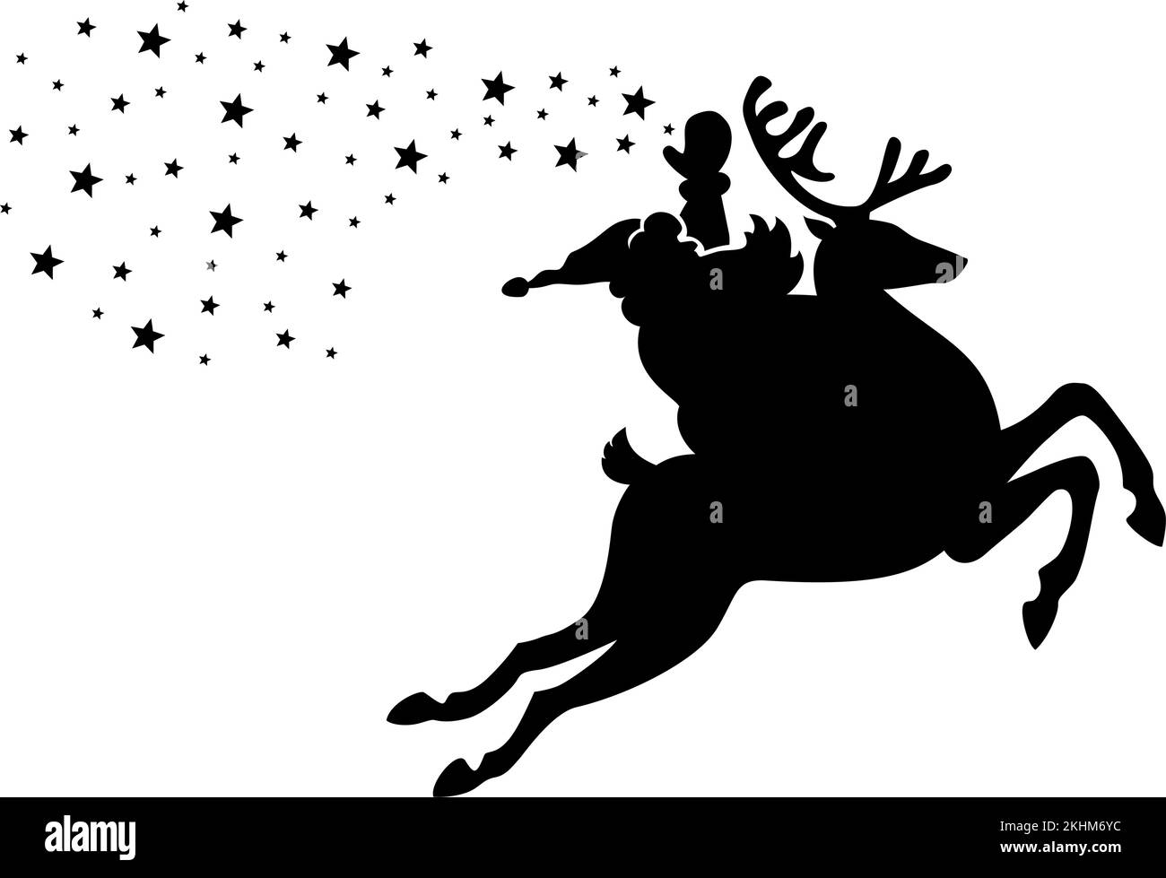 Santa Claus riding on reindeer and scatters Christmas stars. Vector silhouette on transparent background Stock Vector