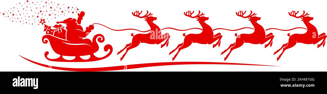 Silhouette of Santa Claus riding in a sleigh with a Christmas tree and ...